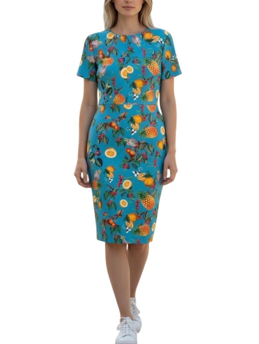 New York & Company Pineapple Lemon Tropical Fruit Midi Print Scuba Dress